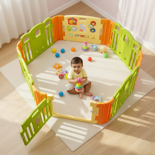 Blushbaby baby playpen with 2 extension panels in green and yellow
