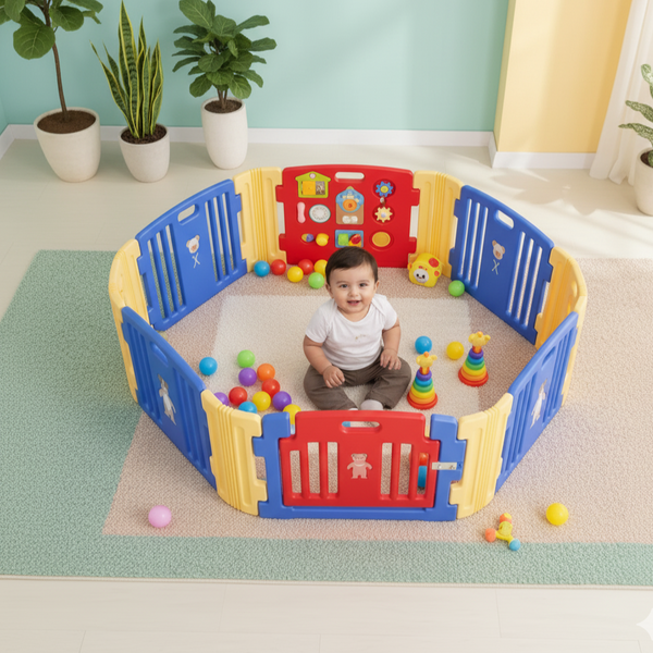 Blushbaby baby playpen with 2 extension panels in blue and red