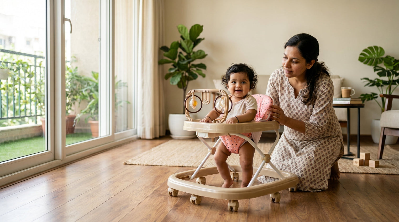 A smiling baby in a premium cream and blush pink baby walker on a wooden floor, with a mother kneeling beside them in a bright, modern minimalist living room.