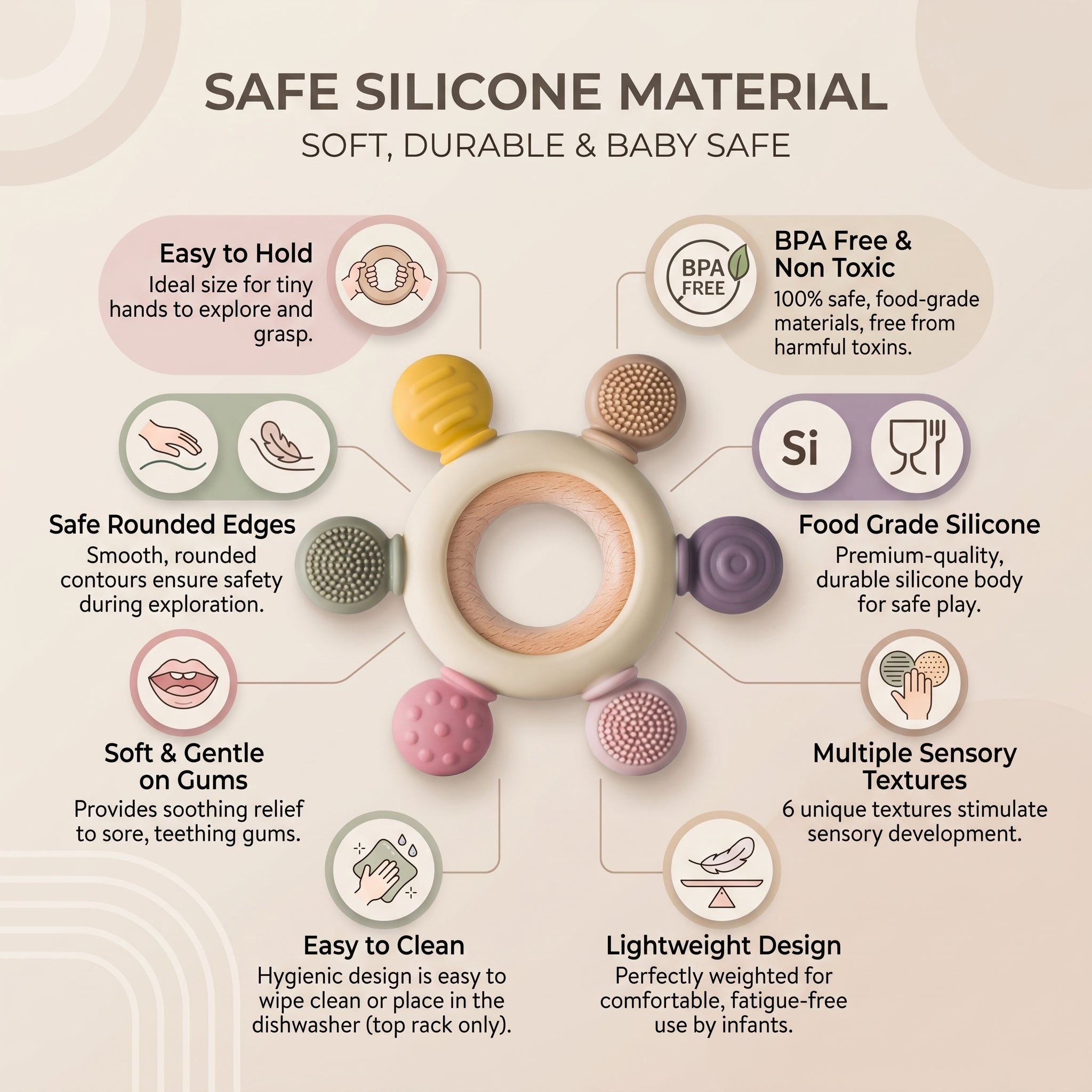Silicone & Wooden Baby Teether for 3+ Months Baby