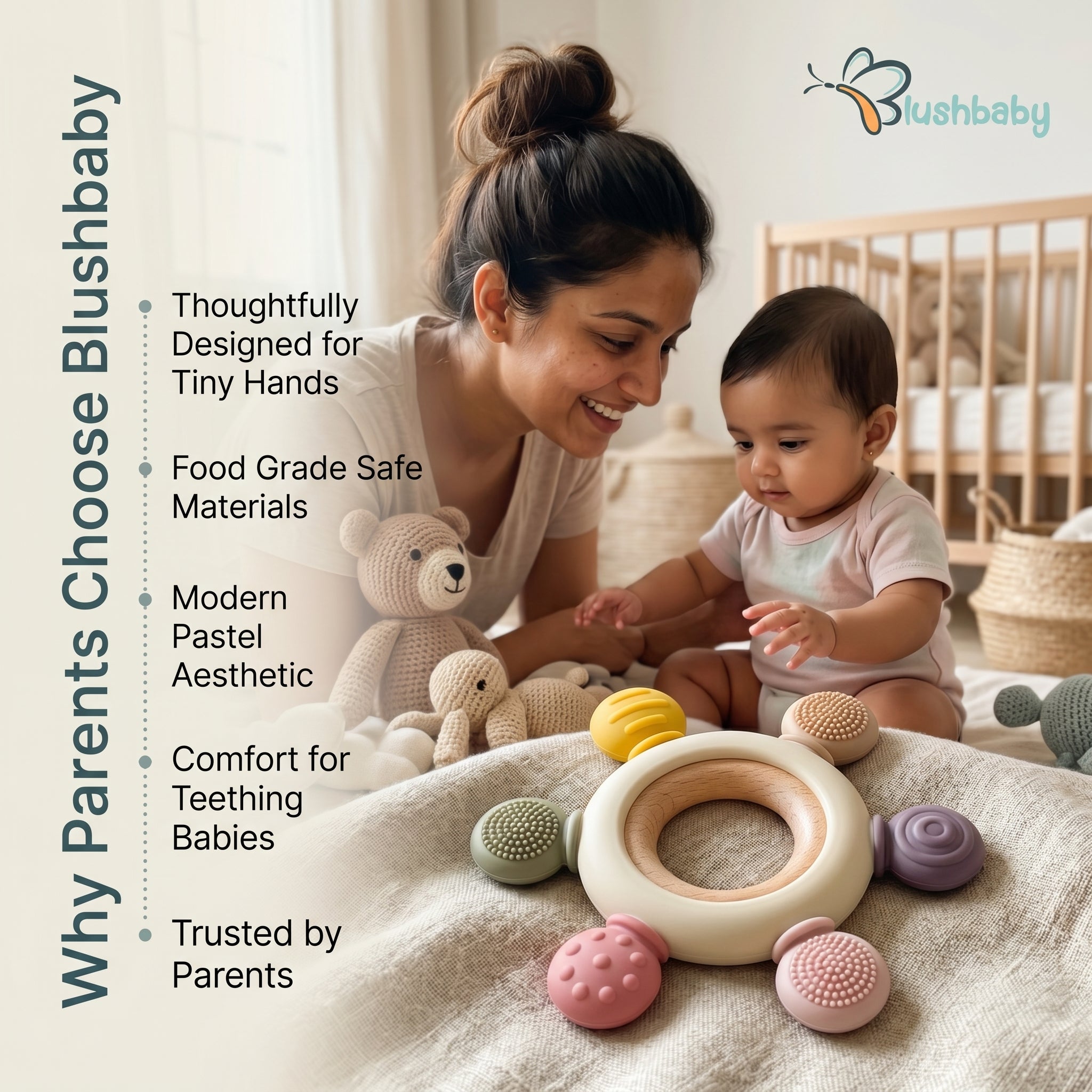 Silicone & Wooden Baby Teether for 3+ Months Baby