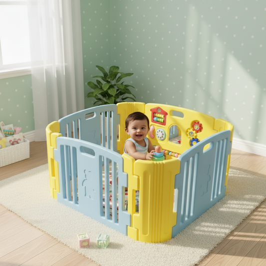 Sky Blue & Yellow Playpen – Play Yard for Babies & Toddlers