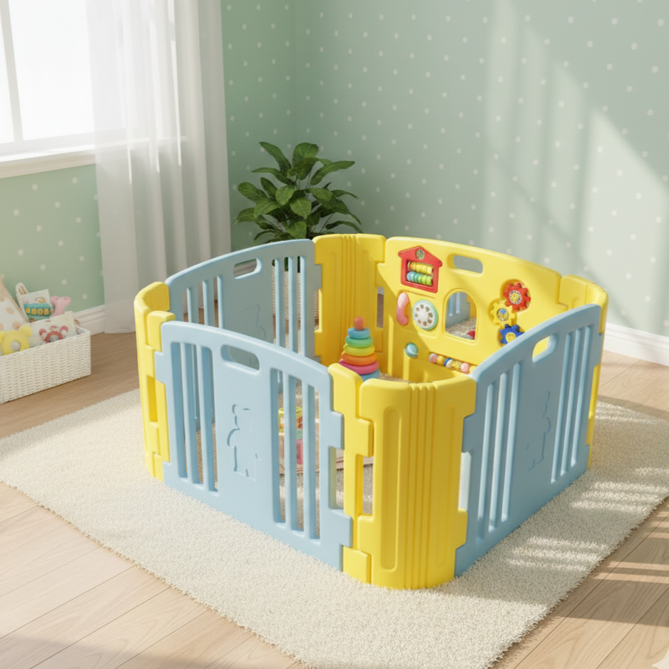 Sky Blue & Yellow Playpen – Play Yard for Babies & Toddlers