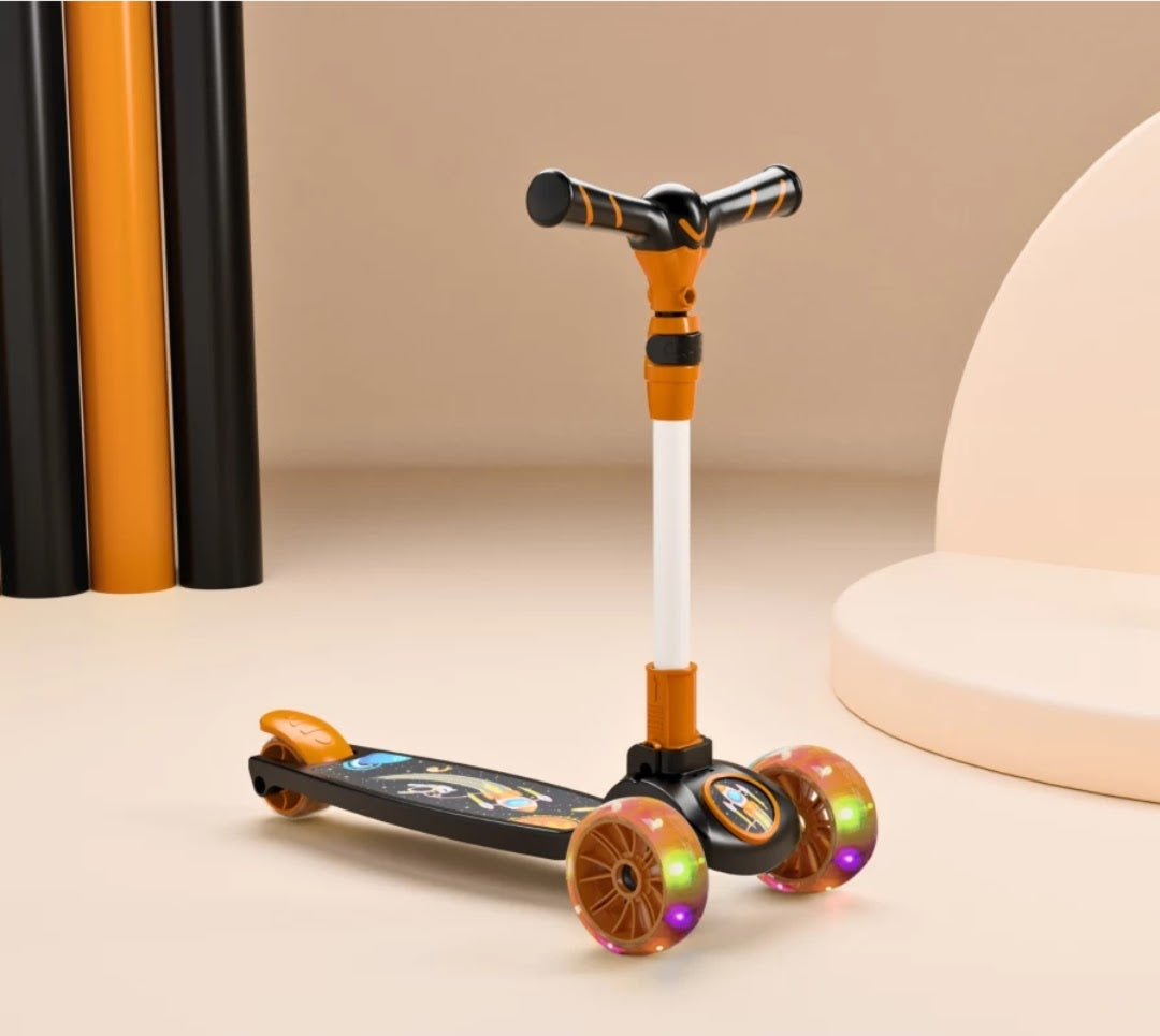 Blushbaby Foldable Kick Scooter for Kids of 3+ Years, 4 Level Height Adjustment Handle, in Built LED Light Wheels with Rear Brake